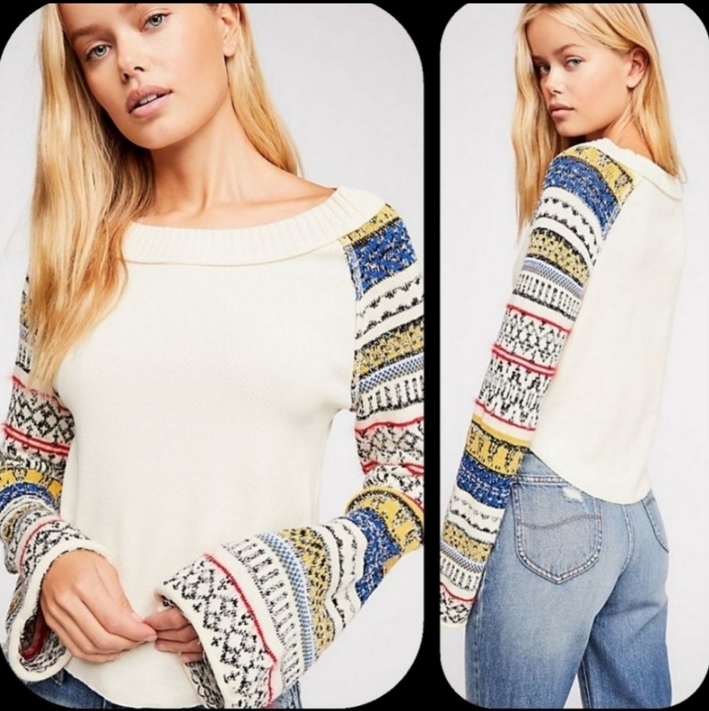 Like new Free People Sweater bell sleeves mixed pattern boho sweater fairground - Picture 6 of 7